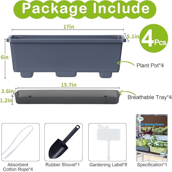 Window Box Planter 4 Packs, 17 Inches Rectangle Flower Pots with Drainage Holes & Trays, Pots for Vegetables, Herbs, Flowers, Garden Windowsill Balcony (Grey, 17 * 5.1 * 6 inch) Oliz