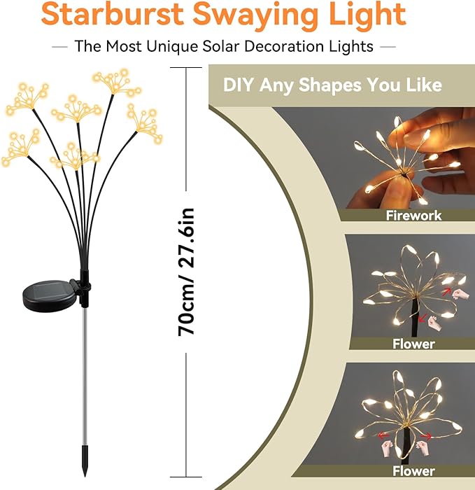Solar Garden Lights 2 Pack Waterproof Solar Swaying Starburst Light Outdoor Lights for Yard Patio Walkway Pathway Party Wedding Christmas Decoration, Warm White Yaafen