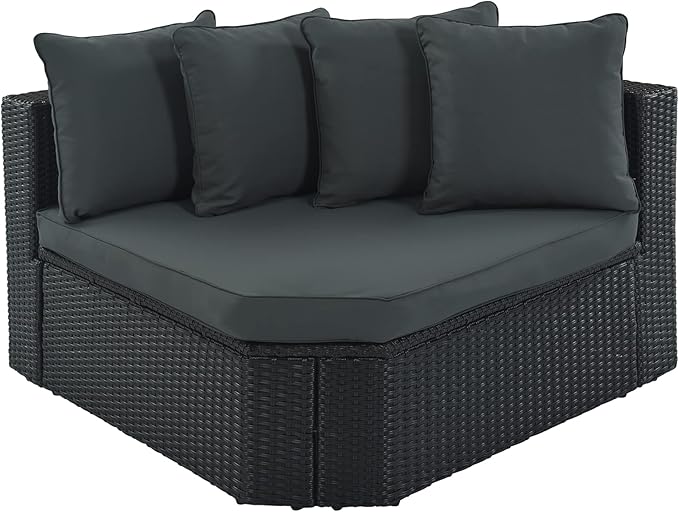 Merax 7-Piece Outdoor Wicker Sectional Sofa Set,Modular Rattan Conversation Set with Gray Cushions,Striped Green Pillows & Tempered Glass Coffee Table for Patio,Garden,Deck,Black Merax