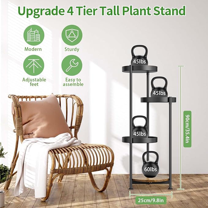 Plant Stand Indoor Outdoor Clearance, 4 Tier Metal Tall Flower Shelf Holder, Multiple Plant Round Corner Rack Organizer Display for Patio Orchid Office Porch Living Room Garden Balcony, Black Oppro