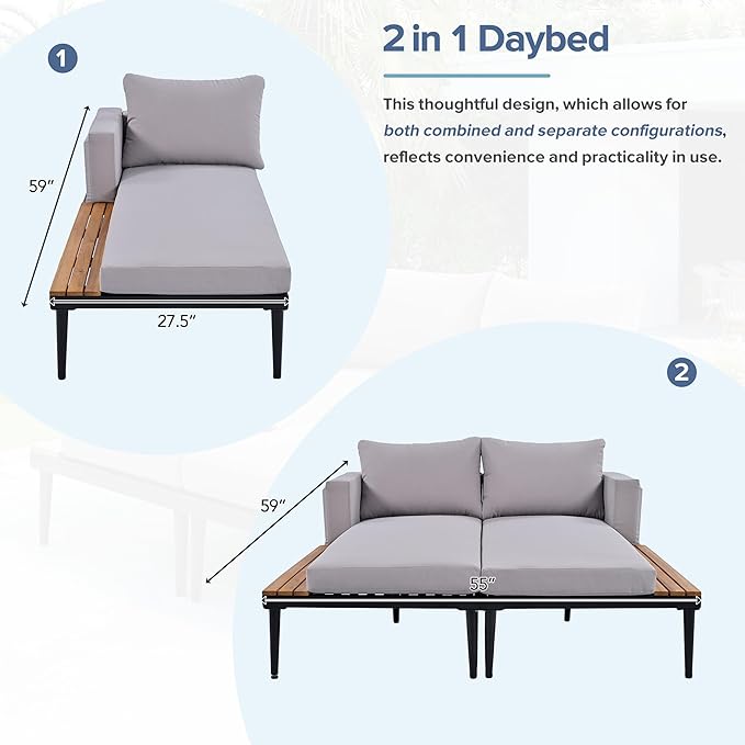 Outdoor Double Metal Daybed, with Wood Topped Side for Drinks, 2 in 1 Padded Sun Lounger with Cushions & Pillows, Patio Chaise Lounge Chair for Poolside Lawn Garden, Gray RuiSiSi