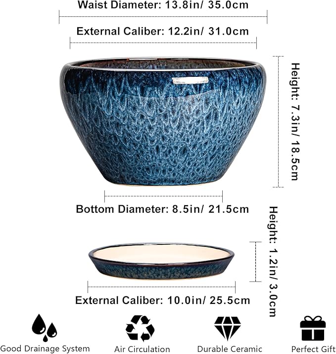 Ceramic Plant Pots 13 Inch - Indoor Planter with Drainage Hole and Saucer, Decorative Large Planter for Indoor Outdoor Plants, Ceramic Flower Pots, Gifts for Plant Lovers, House Decor, Blue Ceramicfor