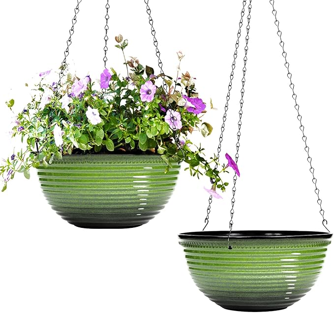 10 Inch Hanging Planter, 2 Pack Hanging Planters for Indoor Outdoor Plants Self Watering Hanging Pots with Drainage Holes for Garden Home (Green) Vanslogreen