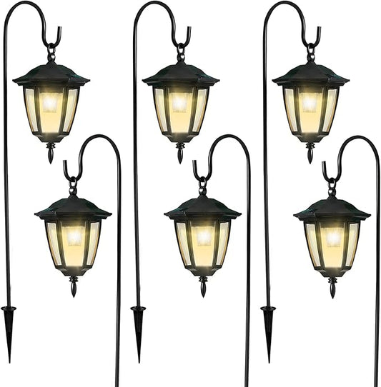 Dynaming 6 Pack Solar Hanging Lights Outdoor, Solar Powered Garden Decorative Lanterns with 6 x 38 Inch Shepherd Hooks, Waterproof Landscape Lighting for Lawn Patio Yard Pathway Driveway, Warm White Dynaming