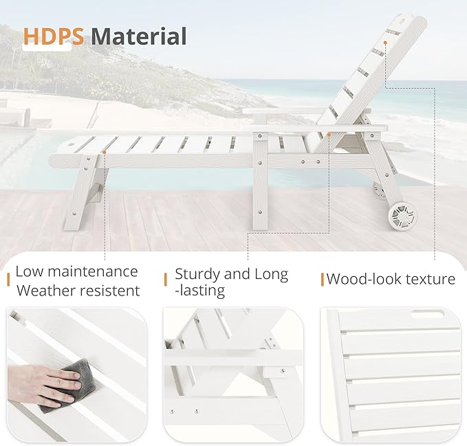 LUE BONA Outdoor Chaise Lounge, HDPS Chaise Lounger, 5 Positions Adjustable Lounge Chairs, Pool Lounge Chair with Wheels for Poolside, Backyard, White LUEBONA