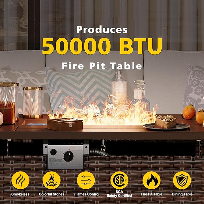 Aoxun Patio Furniture Set with Fire Pit Table, 12 Piece Outdoor Sectional Sofas, 10 Seats Wicker Outdoor Furniture with Thickened Cushion for Backyard, Garden (Brown Rattan Begin Cushions) Aoxun