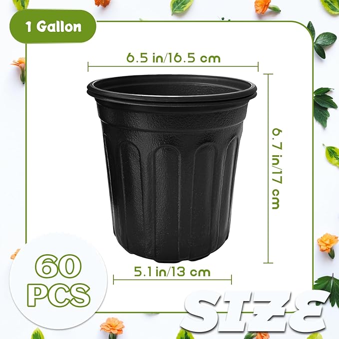 OJYUDD 60 Pack 1 Gallon Flexible Plant Nursery Pots,Thickened Soft Plastic Seed Starting Pots,Plastic Plant Container with Hole for Flower Seedling,Succulents,Cuttings,Transplanting(Black) OJYUDD