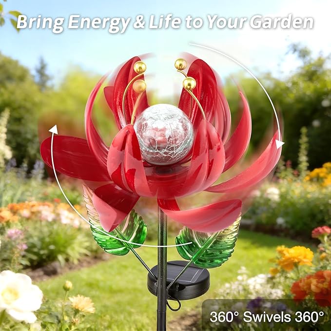 Solar Lights Outdoor Garden Decor, Solar Wind Spinner Yard Decorations Gifts for Outside, Lotus Windmill Pathway with LED Cracked Crystal Ball Waterproof Flower Sculpture for Patio Lawn AIINY