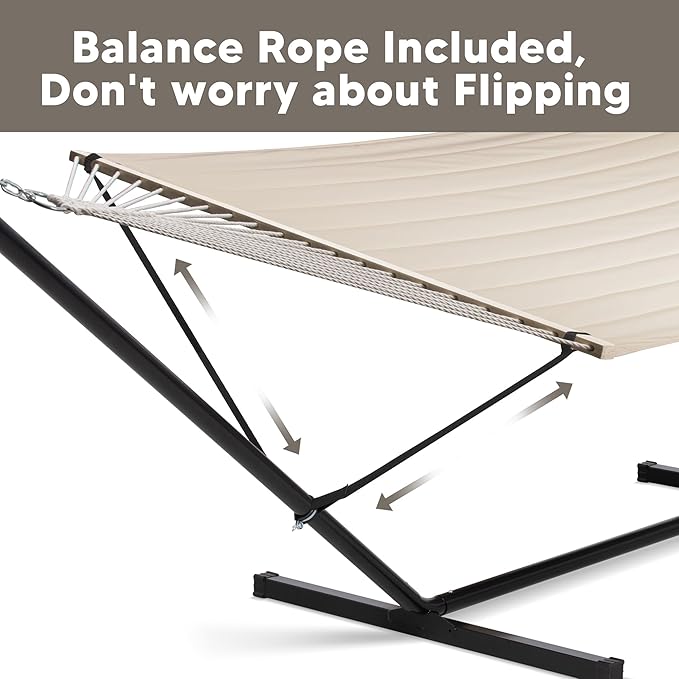 SUNCREAT Double Outdoor Hammock with 15 ft Stand, Standing Patio Hammocks for Outside, Beige SUNCREAT