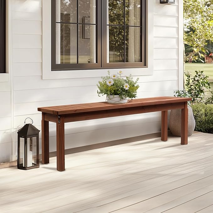 VINGLI Outdoor Wooden Bench, 62” Porch Bench Outdoor Backless Garden Bench, Small Outdoor Bench for Deck Patio Entryway (Brown, 62in) VINGLI