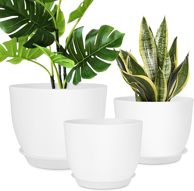 Plant Pots 12/10/9 inch Set of 3, Flower Pots with Multi Mesh Drainage Holes, Large Planters for Indoor Outdoor Garden Plants and Flowers. (White) AFamilyofGardenLovers