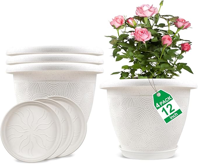 Plastic Flower Pots Planters for Indoor Plants, 4 Pack 12 Inch White Plant Pots with Drainage Hole & Tray, Modern Decorative Large Plant Pot with Saucer for Indoor Outdoor Plants Garden House Planter Fodetyff