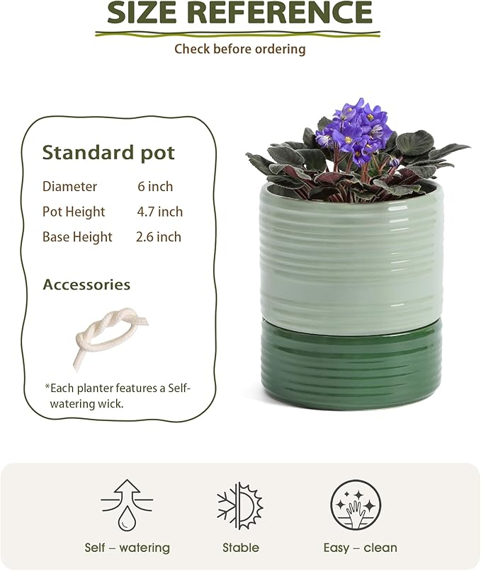 Self Watering Pots for Indoor Plants, 6 Inch Ceramic Self Watering Plant Pot, Planter Pot with Wick Rope and Drainage Hole for African Violet Succulent Herbs (Green Light) FayoulasGarden