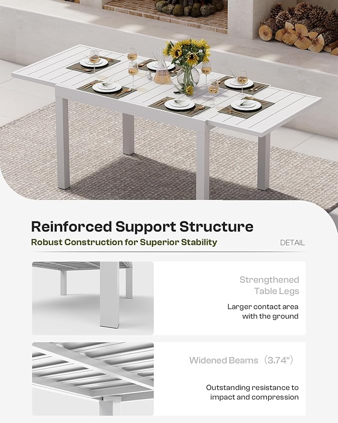 Outdoor Aluminum Patio Dining Table Set for 6-8 Person, Expandable Outdoor Table and 8 Chairs with Textilene Fabric & HDPS Armrest, All-Weather Patio Furniture Set for Yard, Garden, White Oasbira