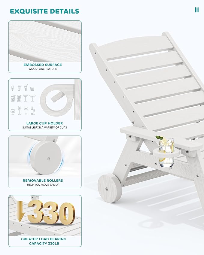 SERWALL Patio Chaise Lounge Chair Set of 6, 5 Positions Adjustable Poly Outdoor Lounger for Pool, HDPE Lounge Chair with Rolling Wheels & Cup Holder for Poolside, Deck, White SERWALL