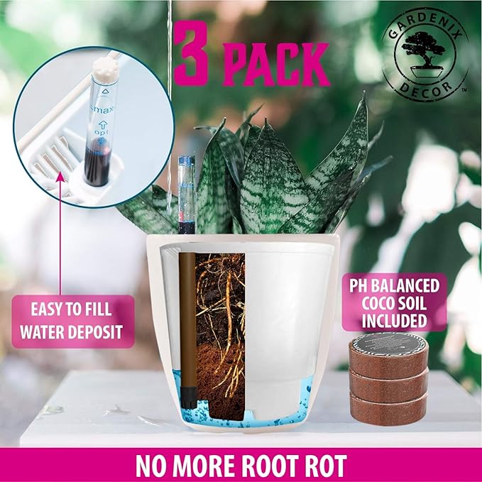 GARDENIX DECOR Self Watering Pots for Indoor Plants 3 Pack - Flower Pot with Water Level Indicator for Plants, Grow Tracking Tool - Self Watering Planter Plant Pot - Coco Coir - White Rootora