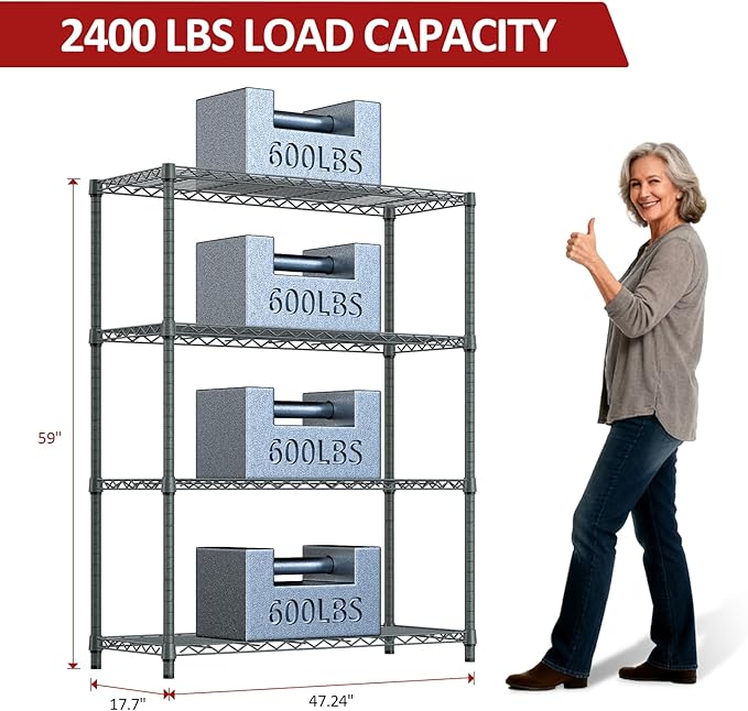 IZEUK Outdoor Metal Storage Shelving Unit, 4-Tier Heavy Duty Wire Rack Organizer with Rust-Resistant and Corrosion-Proof Coating (Grey, 17.7" D x 47.24" W x 59" H) IZEUK