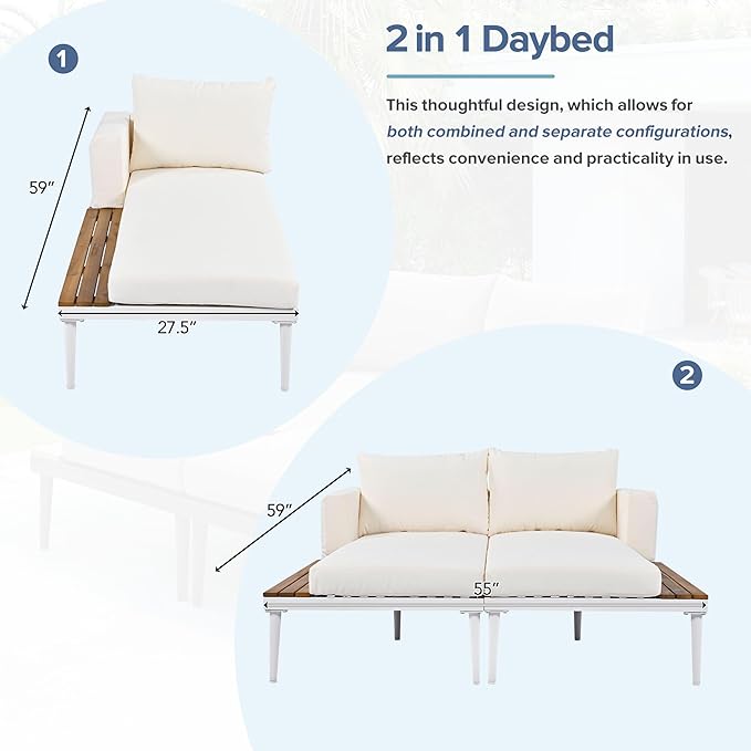 Outdoor Patio Metal Daybed with Wood Topped Side for Drinks, 2 in 1 Padded Chaise Lounge Chair with Cushions & Pillows, Outdoor Double Sun Lounger for Lawn Garden Poolside, Beige RuiSiSi
