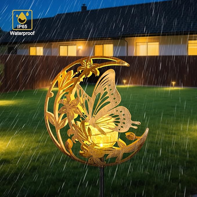 ShangTianFeng Butterfly Lights Outdoor Decor - Moon & Bird SolaGardenLights Waterproof, Auto On/Off Pathway Lighting for Yard/Lawn/Patio, Handcrafted Metal Solar-Stake-Lights for Outside Decorations ShangTianFeng