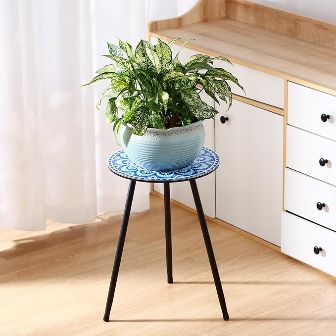 2 Packs Metal Mosaic Round Side Tables 13.4" Small Outdoor Patio Round Accent Coffee Tables Indoor Corner Stand for Small Spaces Weather-Resistant for Balcony, Porch Plant Stands Indoor, Blue Mosaic PartyZealot