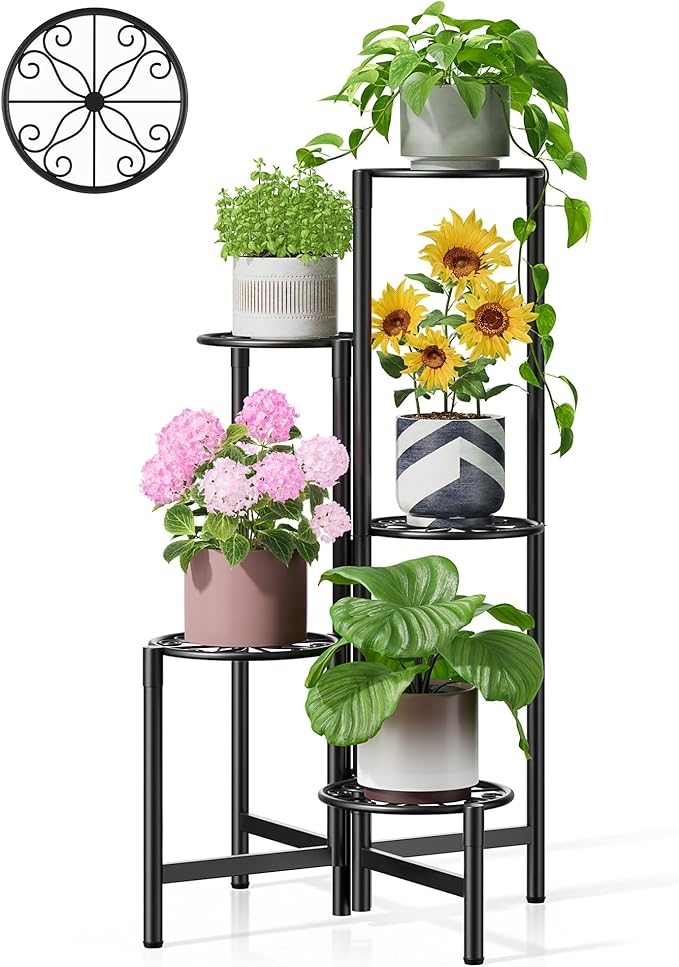 Plant Stand Indoor Outdoor, 5 Tier Corner Metal Flower Display Holder Stand, Folding Tall Plant Rack for Patio Balcony Porch Garden Living Room House, Heavy Duty Wrought Iron Plant Shelf - BlackS Rootora