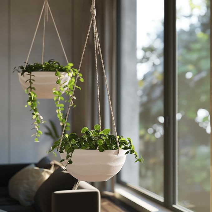 La Jolie Maison 10 Inch Hanging Planters for Indoor Plants, Outdoor Garden Planter Pots with Self-Watering Tray, Eggshell White, Set of 2 LaJolieMaison
