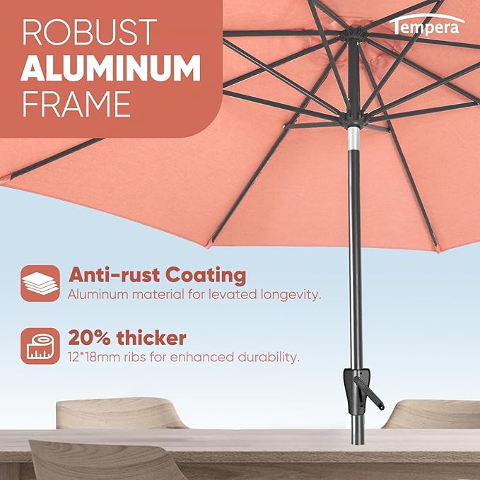 Tempera Patio Market Outdoor Table Umbrella with Auto Tilt and Crank, Large Sun Umbrella with Sturdy Pole & Fade Resistant Canopy, Easy to Set TemperaPatioLife