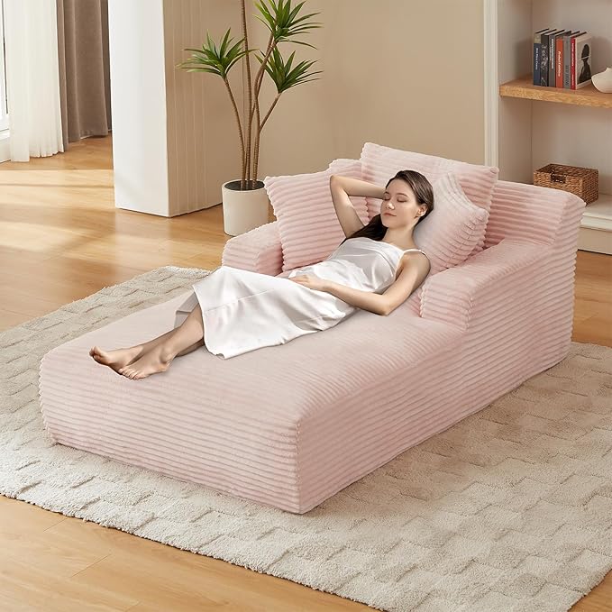 Chaise Lounge Chair Indoor, 50 Inch Oversized Corduroy Upholstered Boneless Sofa Bed, Deep Seat Sleeper Couch Reading Chairs, Cloud Sofas Couches for Living Room (Pink, 50" W x 80" D) HANXIN