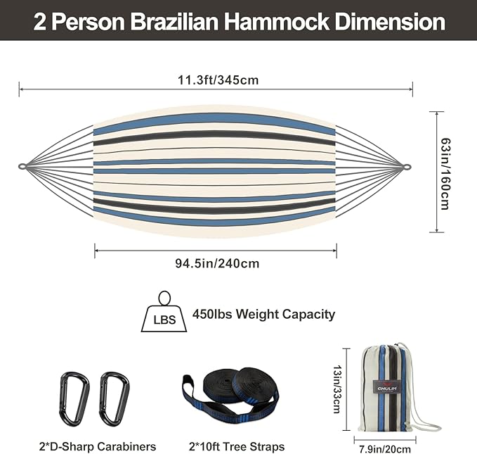 Brazilian Double Hammock with Tree Straps,Extra Large 94x63IN,2 Persons Hammock for Backyard Patio Outdoor and Indoor,450lbs Weight Capacity,Soft Woven Cotton Fabric - Blue Stripe CHULIM