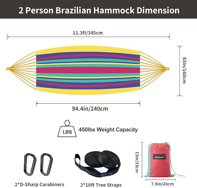 Brazilian Double Hammock with Tree Straps,Extra Large 94x63IN,2 Persons Hammock for Backyard Patio Outdoor and Indoor,450lbs Weight Capacity,Soft Woven Cotton Fabric - Aqua Bule Stripe CHULIM