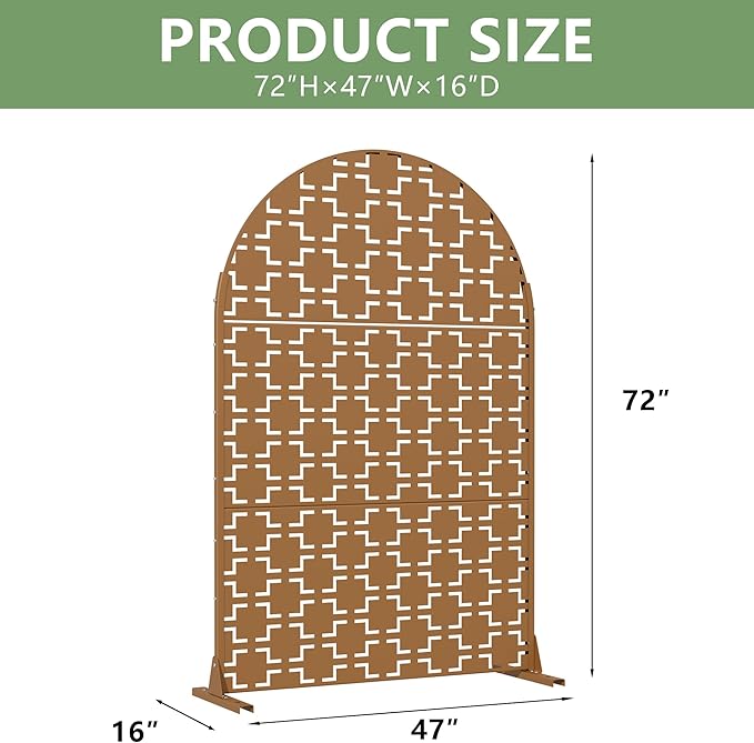 Casaphoria 72" H x 47" W Arched Metal Privacy Screen - Elegant Freestanding Outdoor Screen for Deck, Patio & Balcony - Versatile Decorative Privacy Panels for Home & Garden Use (Brown-Square) Casaphoria