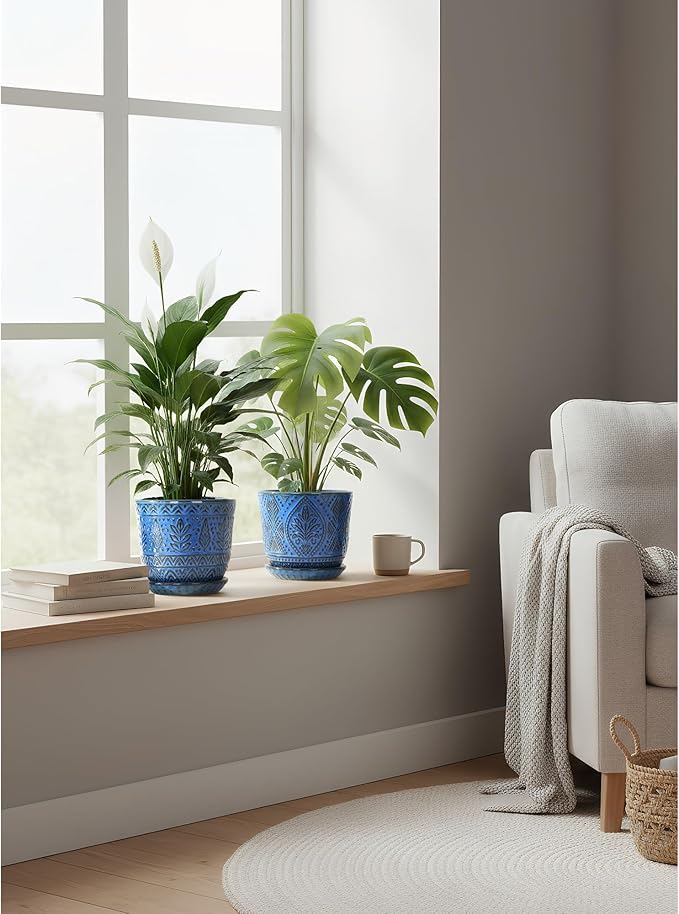 Gepege Beaded Ceramic 6 Inch Planter Set of 2 with Drainage Hole and Saucer for Plants, Indoor-Outdoor Large Round Succulent Orchid Flower Pot (Blue, Inner-pots not Larger Than 5 Inch) Gepege