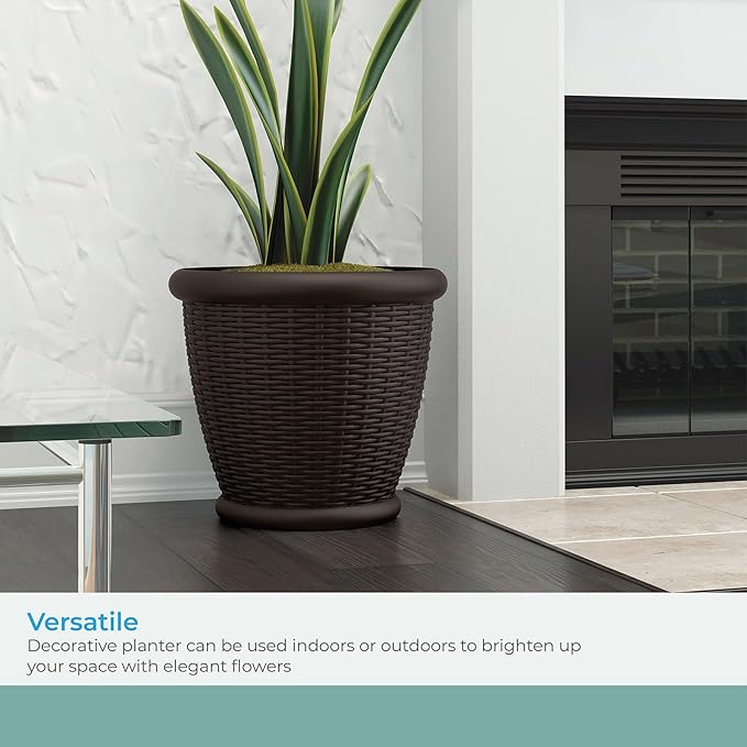 Suncast 18" Resin Indoor/Outdoor Wicker Planter, Brown, Made in the USA Suncast