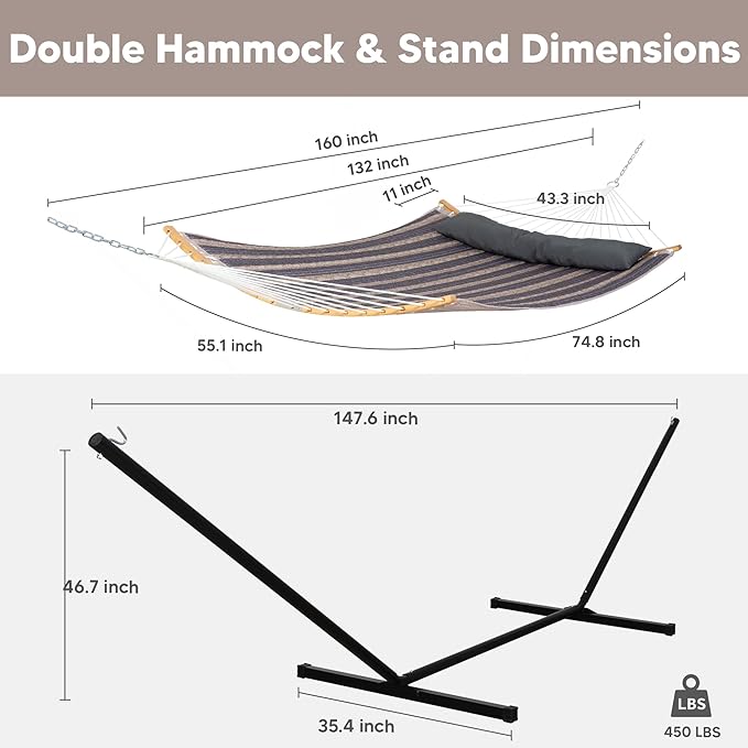 SUNCREAT Hammocks for Outside with Stand Included, Double Hammock with Curved Spreader Bar, Carrying Bag, Gray Stripes SUNCREAT