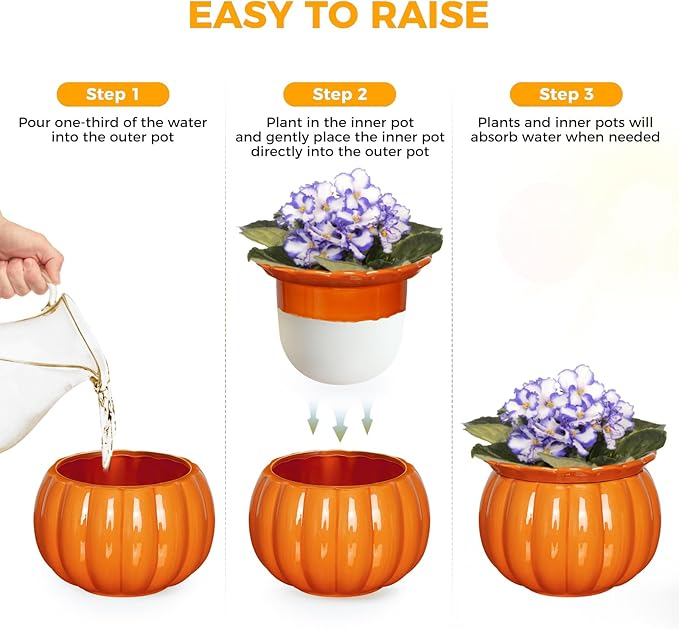 BUYMAX African Violet Pots, Halloween Pumpkin Plant Pots Ceramic Easy Self Watering Plant Pot for Busy Plant Lovers, Automatically Absorb Appropriate Amount of Water, Flower Pot Indoor BUYMAX