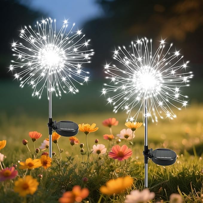 Garden Outdoor Lights, 2 Pack 120 LED Solar Garden Lights Fairy Lights Outdoor Waterproof Decorative Solar Firework Lights for Yard Patio Pathway Flowerbed Party Wedding Decor, White Slyuexu