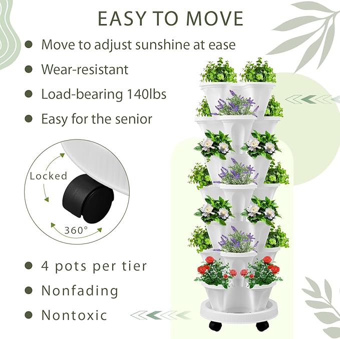 Umigy 2 Set of 7 Tier Vertical Planter Stackable Tower Planters Strawberry Herb Flower and Vegetable Pots Indoor Outdoor Gardening Pots with Removable Wheels and Tools(White,Classic) Umigy
