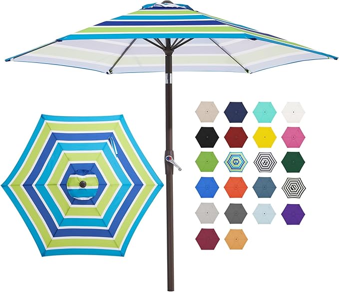 JEAREY 7.5FT Patio Umbrella Market Table Umbrella with 6 Sturdy Ribs, Push Button Tilt/Crank Outdoor Umbrella for Garden, Deck, Backyard, Pool and Beach,Bold Blue-Green Stripe JEAREYOutdoorsCollection