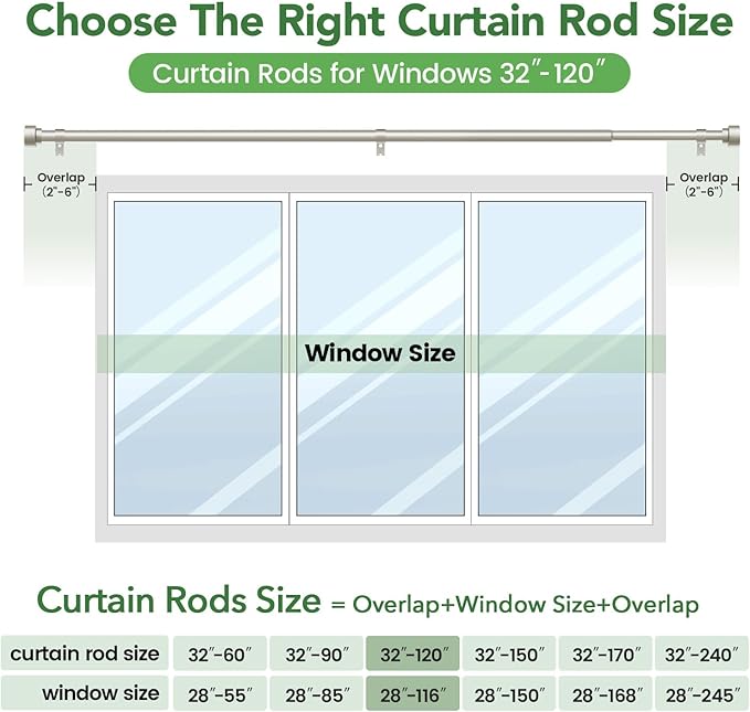 Time Forest Curtain Rods for Windows 66 to 120, 1 Inch Adjustable Heavy Duty Long Window Outdoor Curtain Rod for Patio, Drapery Rods with Simple End Caps, Size 32"-120", Brushed Nickel TimeForest