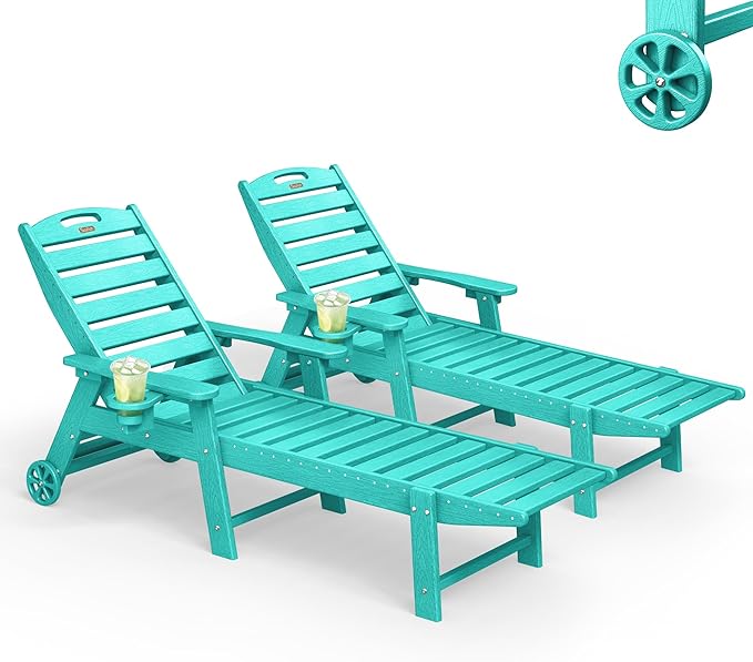 Lounge Chair Outdoor Set of 2, HDPE Chaise Lounge Outdoor with 6-Position & Wheels &Cup Holder, Pool Lounge Chair for Pool Poolside Deck Backyard Patio, Lake Blue Suunyn