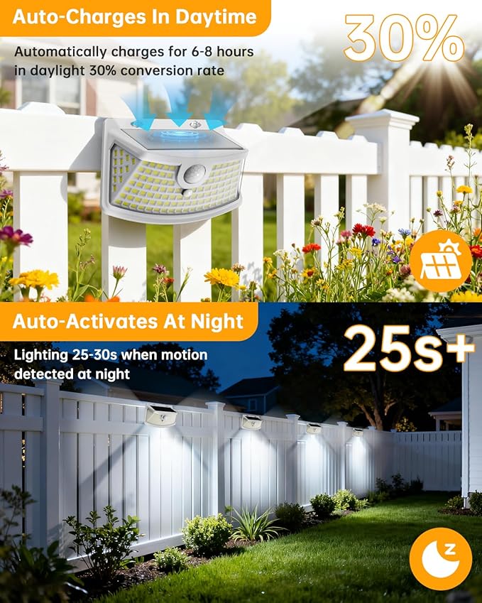 Aootek New Solar Motion Sensor Lights 120 LEDs with Lights Reflector,270° Wide Angle, IP65 Waterproof, Step Lights for Front Door, Yard, Garage, Deck (White, Daylight White, 4-Pack) Lightupeveryconer