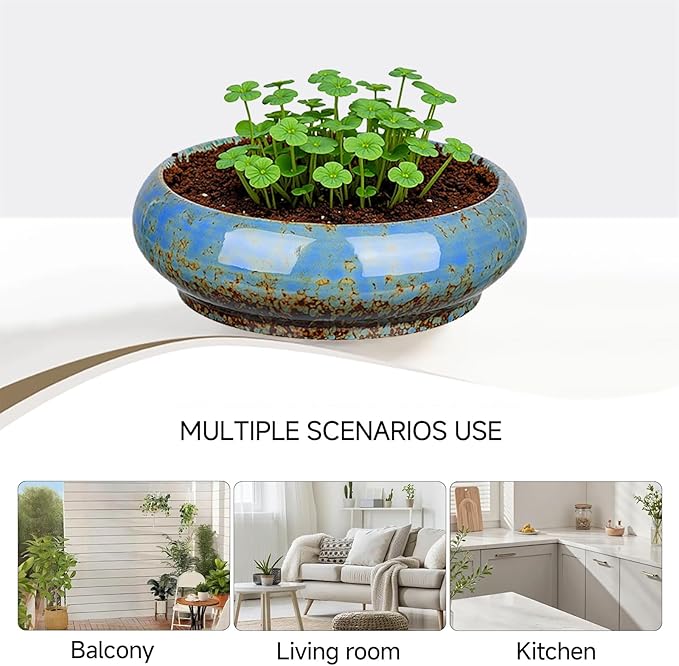 7.3 Inch Succulent Planters Pots Shallow Ceramic Glazed Planter Pots, Lotus Bowl Planter Round Shallow Planter Water Lily Pot for Indoor/Outdoor Plants Decorative (Blue) Rootora
