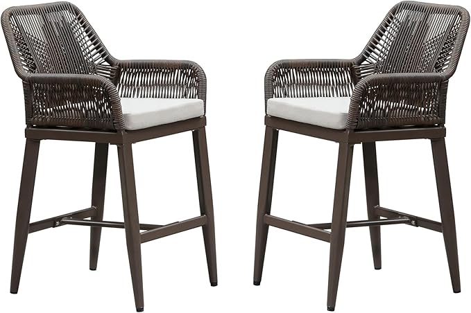 PURPLE LEAF Outdoor 24" Counter Height Bar Stools Chair Set of 2, All Weather Rattan and Aluminum Patio Bar Stool with Cushion for Indoor and Outdoor, Kitchen Island, Coffee PURPLELEAF