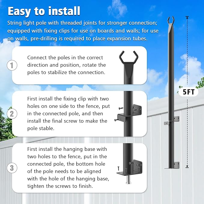 AILBTON 2 Pack 5Ft String Light Poles,Light Poles for Outside String Lights,Outdoor Light Poles with Fork,Metal Pole Stand for Patio,Backyard,Deck AILBTON