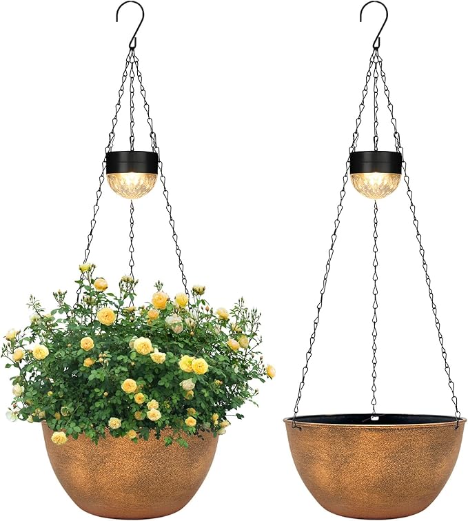 2 Packs Hanging Planters Basket for Outdoor Plants, Solar Powered Self Watering Bronze Round Plastic Flower Pots with Drainer for Balcony Patio Garden Outdoor Decoration SUNNYPARK