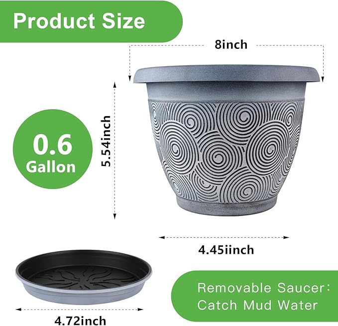8 Inch Flower Pots Planters for Indoor Outdoor Plants, 4 Pack Plastic Small Plant Pots with Drainage Hole & Tray, Modern Decorative Garden Pot with Saucer, Plant Container for House Fodetyff