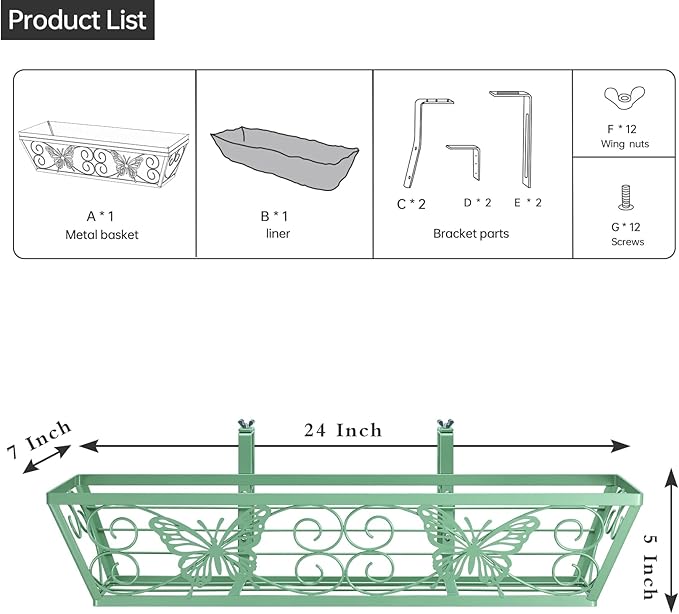 2 Pack 24 Inch Window Boxes Planters Railing Planter Box with Adjustable Brackets for Porch Fence Patio Balcony Hanging Flower Baskets with Woven Fabric for Outdoor Garden Decor - Green KarlliuHOMEGARDEN