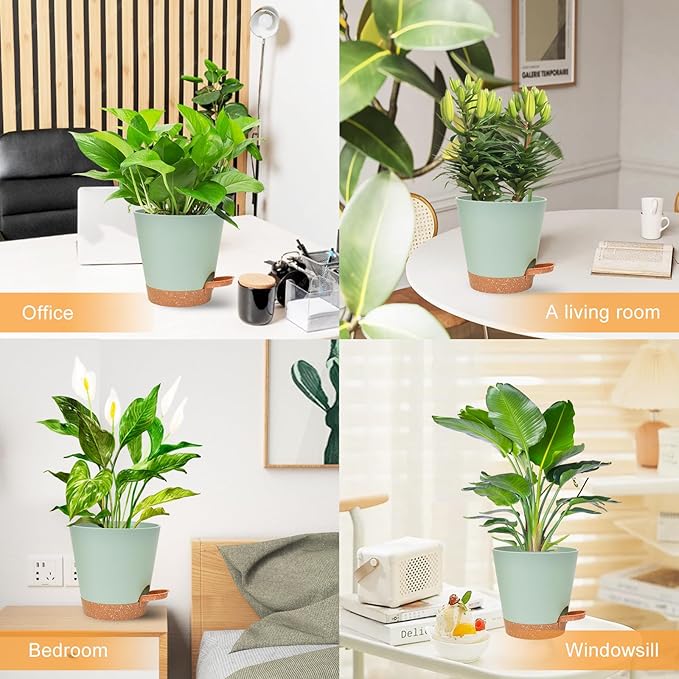 Planters for Indoor Plants 7/6.5/6/5.5/5 Inch, Self Watering Planters with Drainage Holes and Saucers 5 Pack Plastic Pots for Plants, Succulents, Herbs, Cactus, Flower Pots, Green Vanslogreen