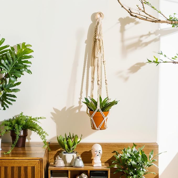 Artilady Plant Hanger Indoor Macrame Hanging Planters for Plants Holder Boho White Basket No Tassels Farmhouse Rustic Window Wall Decor (White Planter-1pcs) Artilady