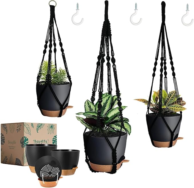 3 Pack Self Watering Hanging Planters Macrame Plant Hangers with Indoor Flower Pots, 3 Different Size Hanging Basket, Plant Hanger with Hooks for Garden Home Decor Black Bouqlife